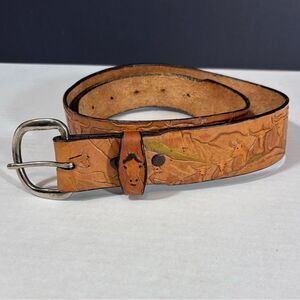 Belt Factory Tooled Leather Horse, Cow Western Belt Signed Al Stohlman Size 34